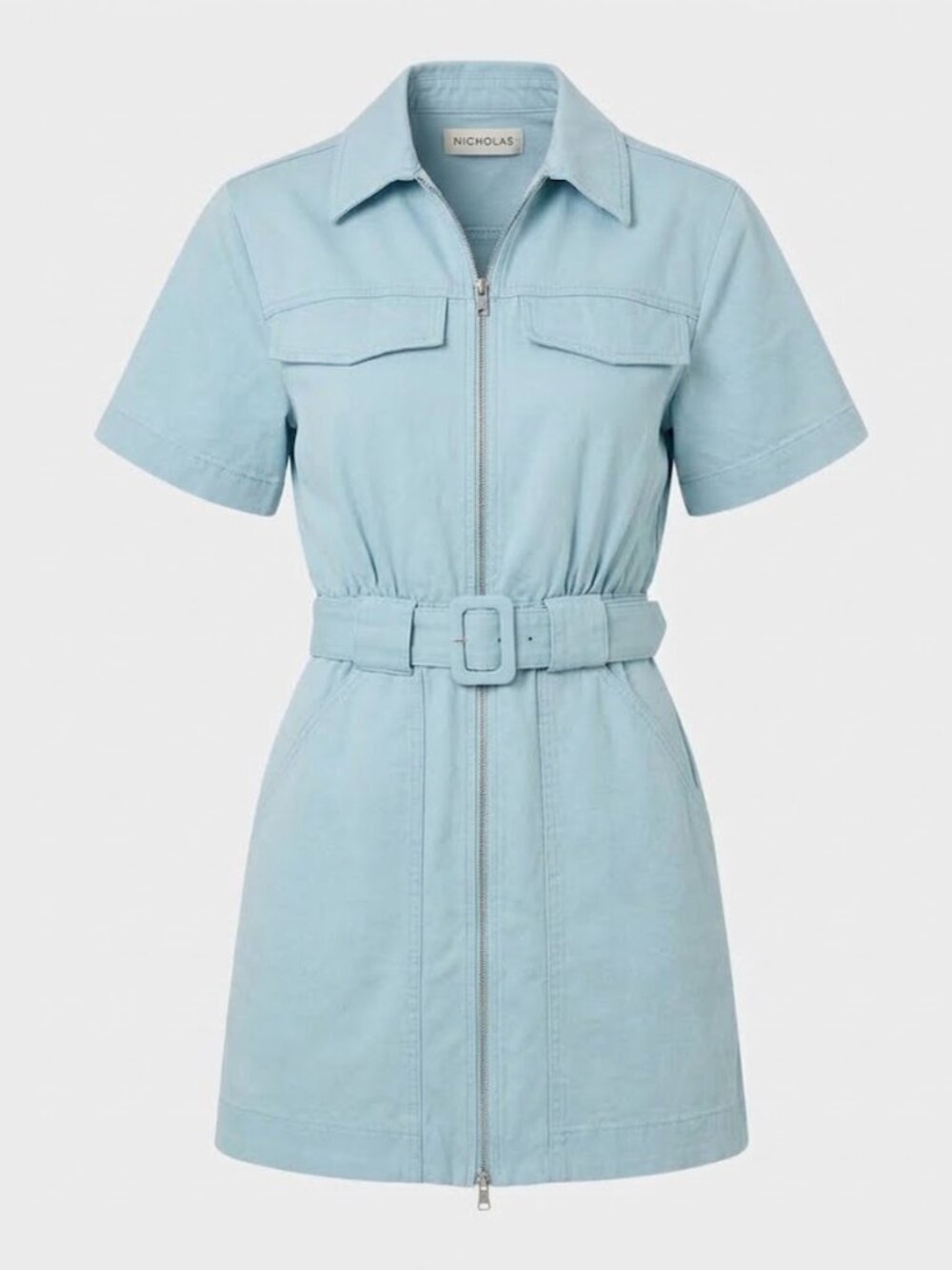 Nicholas the Label Embla Utility Belted Mini Dress Sky Blue Cotton Zip NWT